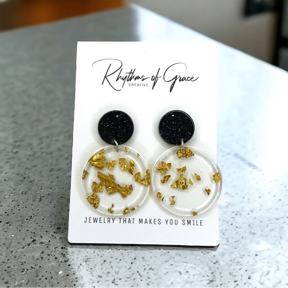 Chic Gold & Black Acrylic Earrings with Gold Leaf Flecks | NWT Elegance! - Picture 3 of 6